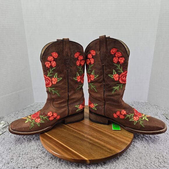 McAllen Boots Brown Leather Floral Embroidered Square Toe Western MX 26.5 US 9.5 - Picture 11 of 16